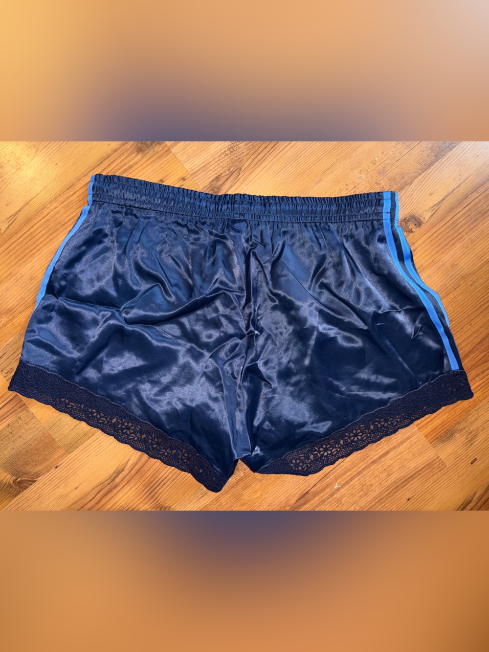 Adidas + ASOS Originals lace trim hem navy satin shorts L NWT - Picture 4 of 7
